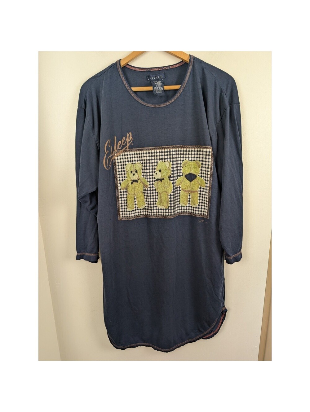 Esleep Vintage Teddy Bear Night Gown One Size Navy Blue Long Sleeves Nightgown